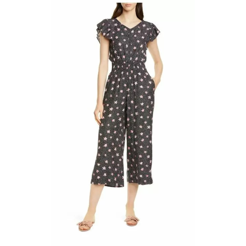 Rebecca Taylor Silk Blend Jumpsuit Flutter Sleeve Ruched V-Neck Floral Black 2